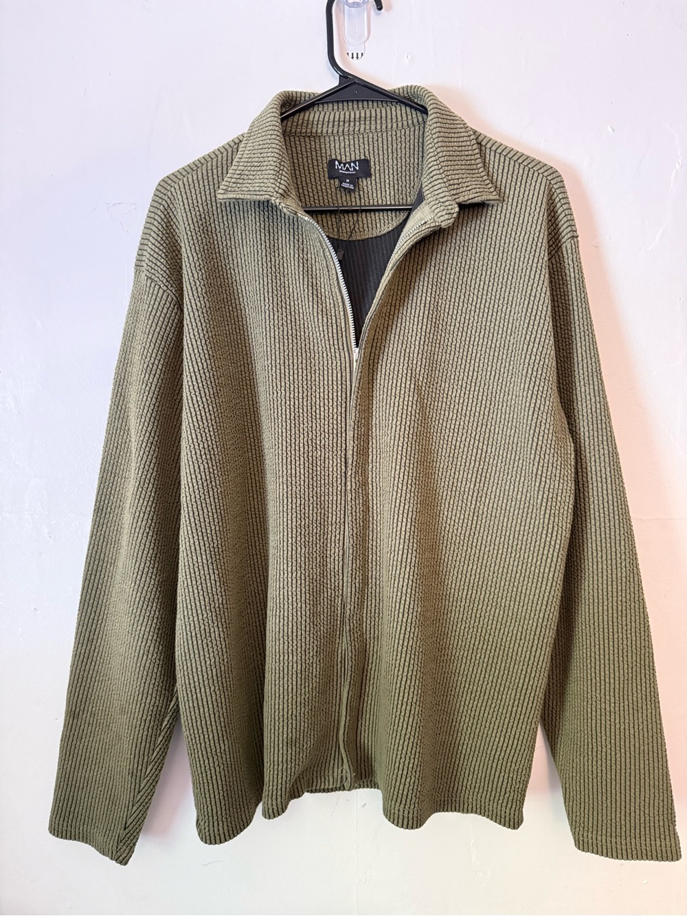 BoohooMan Olive Zip-Up Rib Knit Sweater